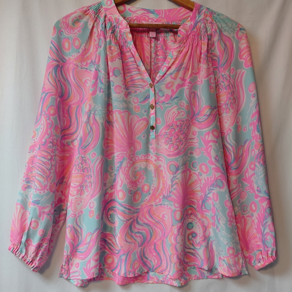 Lilly Pulitzer Too Much Bubbly Elsa Silk Blouse‎ Women's Size Small Bright Beach